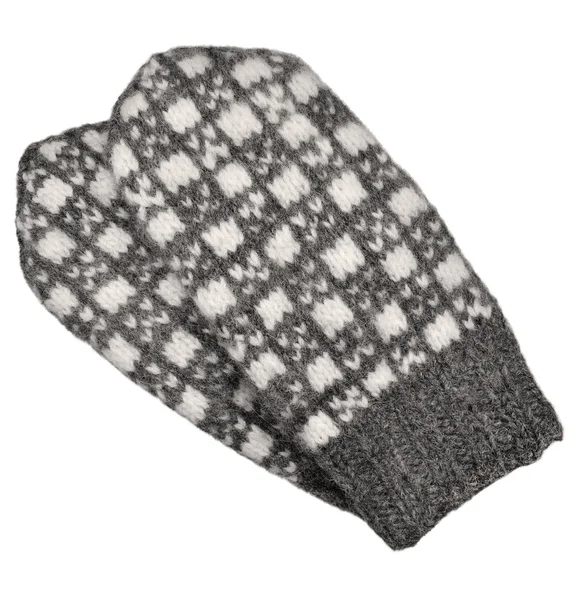 分離したミトン ペアを灰色、灰色の白い質感のウールのミトン パターン、暖かいウール冬手袋指なし手袋詳細、大規模な詳細なビンテージ テクスチャ マクロ クローズ アップ ニット — ストック写真