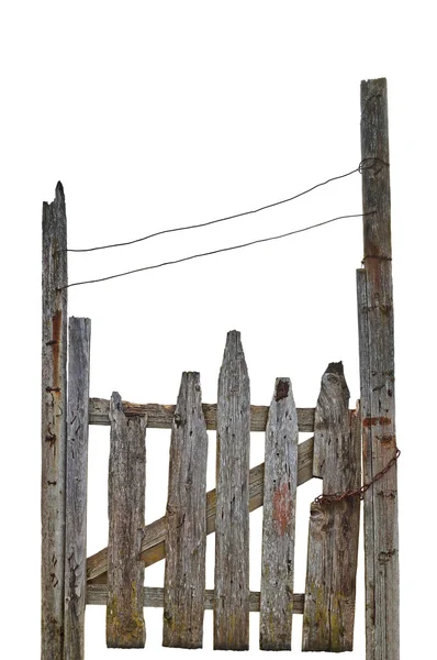 Portão de madeira cinzento arruinado rural envelhecido velho, entrada isolada da cerca do jardim da madeira cinzenta, grande fechamento vertical detalhado — Fotografia de Stock