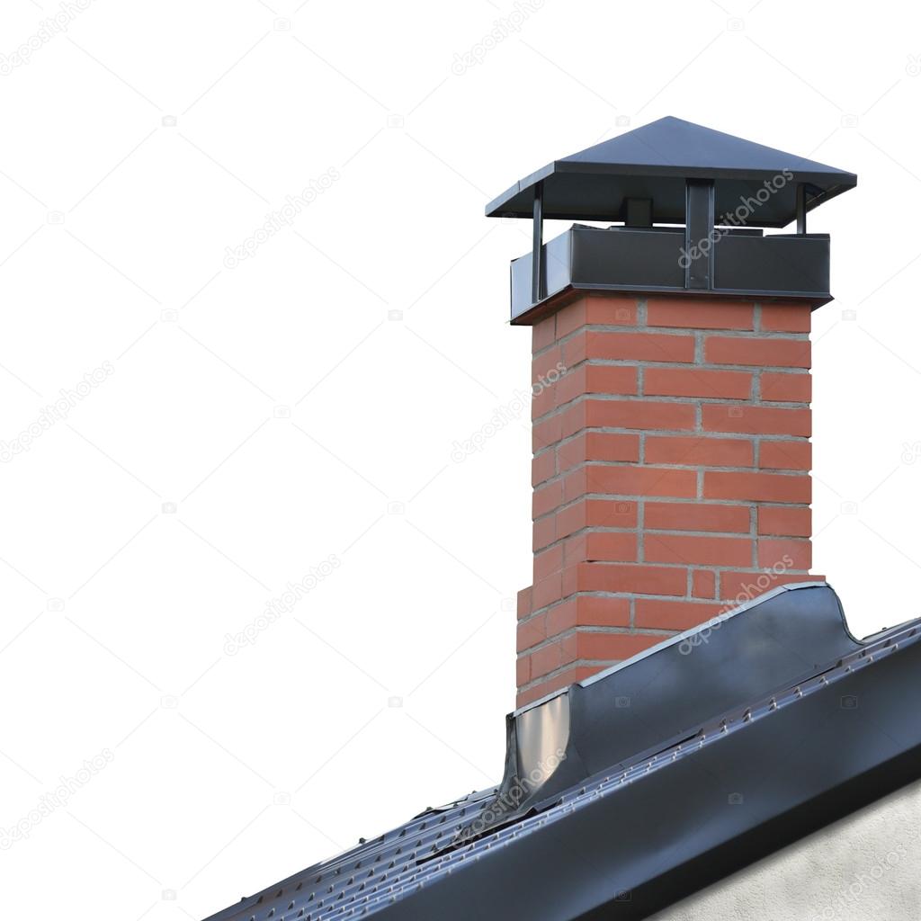 Red Brick Chimney, Grey Steel Tile Roof Texture, Gray Tiled Roofing, Large Detailed Isolated Vertical Closeup, Modern Residential House Rooftop Tiles Detail Textured Pattern, Copy Space