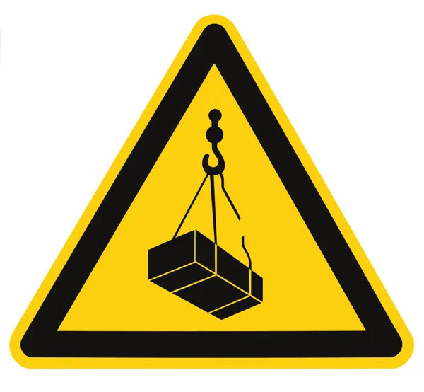 Danger overhead, crane load falling hazard risk sign, cargo icon signage, isolated black triangle over yellow, large macro closeup — Stock Photo, Image