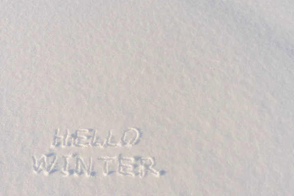 Text HELLO WINTER, written on fresh white snow with shining icy crystals in cold sunny day. Natural winter Christmas and New year holidays background or mock up with space for text.