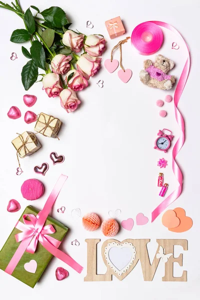 Alles Gute Zum Valentinstag Rosen Blumen Liebe Text Herzen Geschenke — Stockfoto