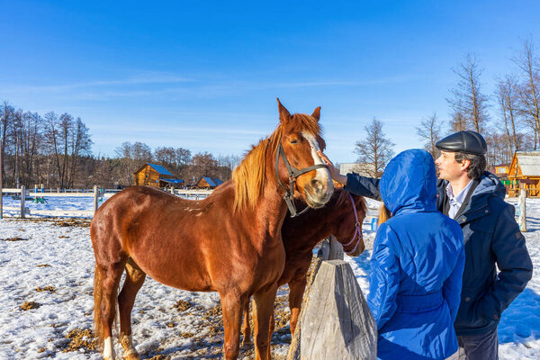 Man and teenage girl with horse at ranch in winter sunny day. Father and daughter spending winter weekend at farm. Trip to countryside, healthy lifestyle, active leisure, authentic moments.