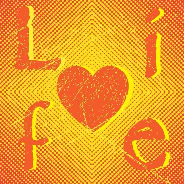 Ilustración vectorial de la palabra LIFE y un corazón sobre halfton brillante — Vector de stock