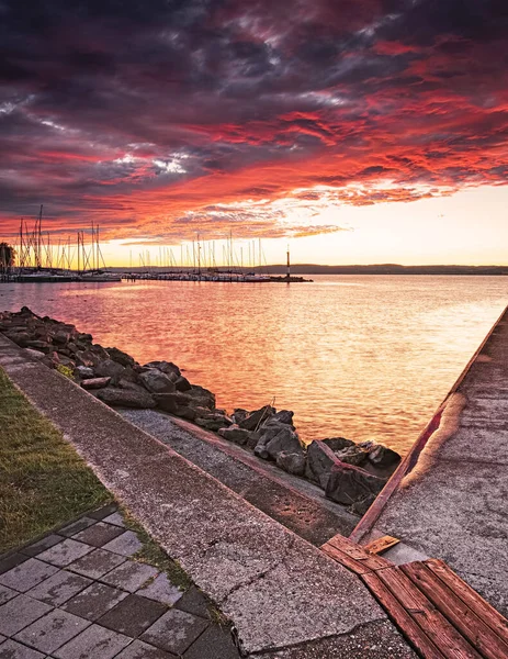 Coucher Soleil Coloré Sur Lac Balaton Hongrie — Photo