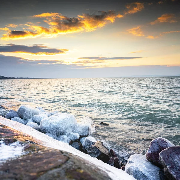 Sunset Port Winter Lake Balaton — Stock Photo, Image