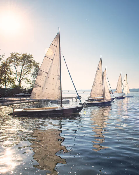 Segelbåtar Sjön Balaton Solnedgången — Stockfoto