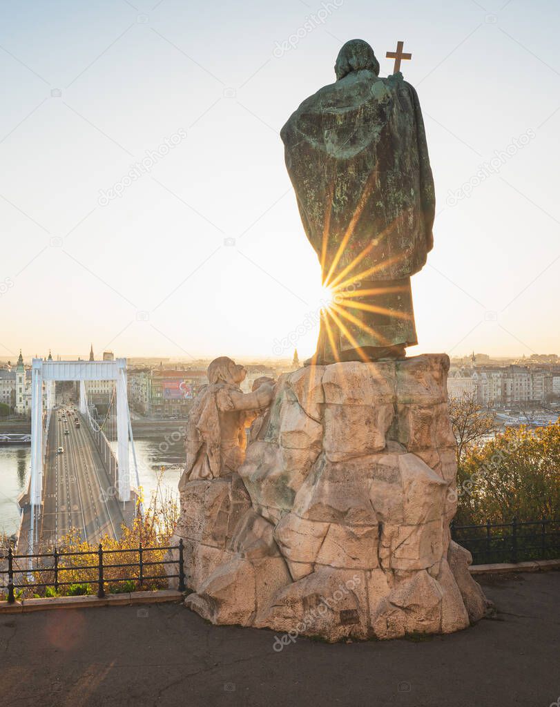 Monument of Bishop Gellert in Budapest, Hungary in the morning