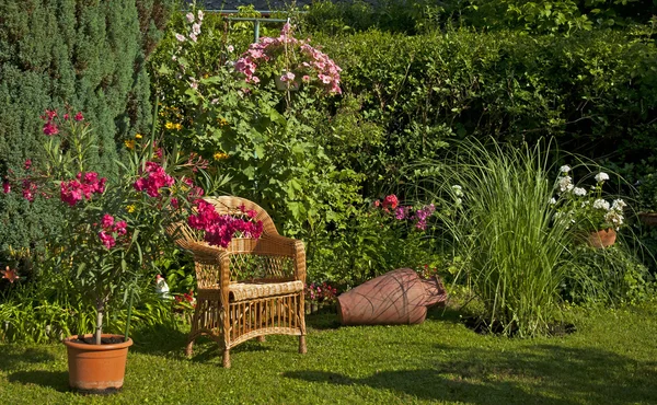 Blumen und Stuhl im Garten — Stockfoto