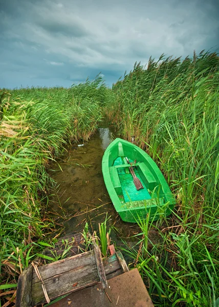 Loď poblíž dřevěné molo v rákosí — Stock fotografie