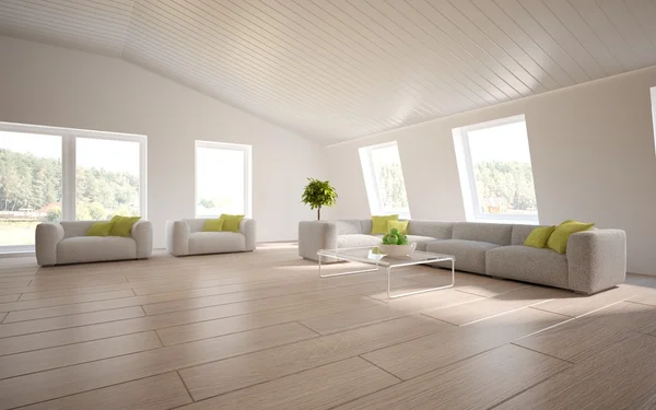 Interior branco da sala de estar com móveis coloridos - ilustração 3d Fotos De Bancos De Imagens