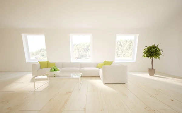 Interior branco da sala de estar com móveis coloridos - ilustração 3d Fotos De Bancos De Imagens