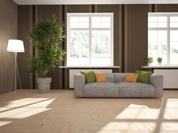 Λευκό εσωτερικό σχεδιασμό με σύγχρονο καναπέ. Σκανδιναβικό στιλ. 3D απεικόνιση — Φωτογραφία Αρχείου