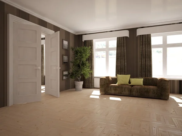 Diseño interior blanco con sofá moderno. Estilo escandinavo. Ilustración 3D — Foto de Stock