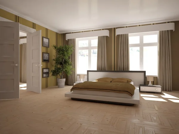 Vit modern inredning i sovrum. Skandinavisk stil. 3D illustration — Stockfoto