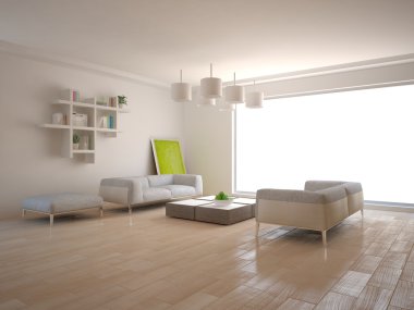 Panoramik pencerelere ve modern mobilya - 3d render ile beyaz en az iç