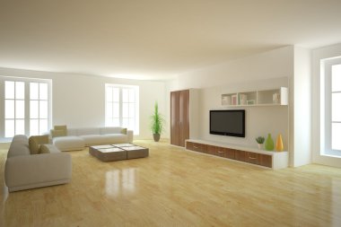 Panoramik pencerelere ve modern mobilya - 3d render ile beyaz en az iç