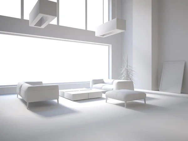 Grijze interieur met panoramisch windows-3d rendering — Stockfoto