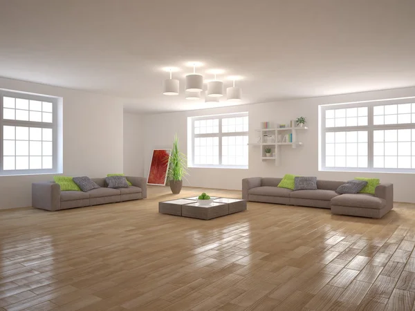 Interior blanco minimalista con ventanas panorámicas y muebles modernos - 3D renderizado —  Fotos de Stock