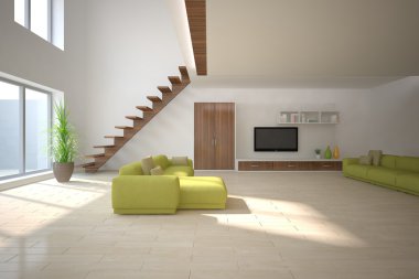 Beyaz modern iç panoramik pencerelere ve köşe kanepe-3d render ile