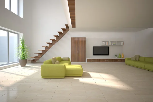 Белый современный интерьер с панорамными окнами и угловым диваном-3D рендерингом — стоковое фото