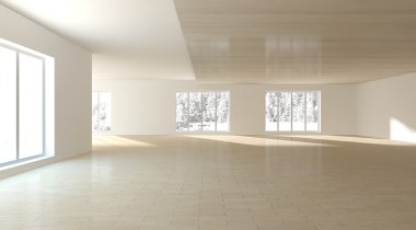 Panoramik pencerelere sahip beyaz boş iç