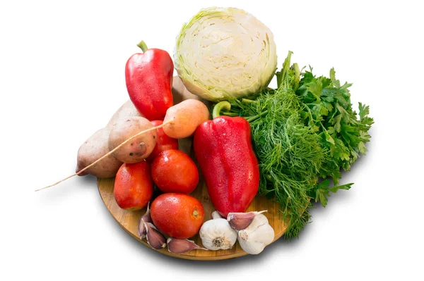 Gemüse Und Gemüse Einem Holzständer Auf Weißem Hintergrund — Stockfoto