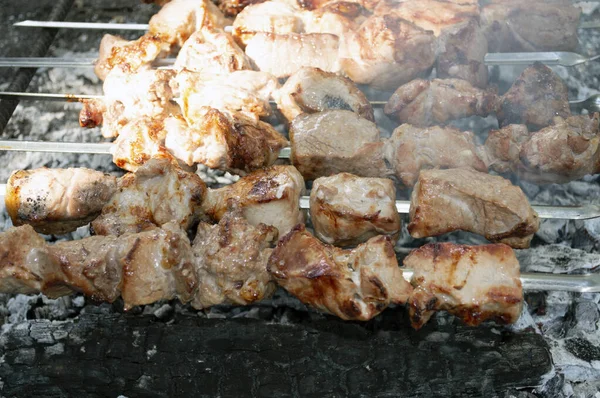 Ψητά Κομμάτια Κρέατος Μεταλλικά Σουβλάκια Κάρβουνα — Φωτογραφία Αρχείου
