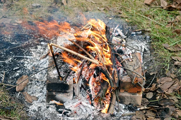 Fuoco fiammeggiante tra mattoni — Foto Stock