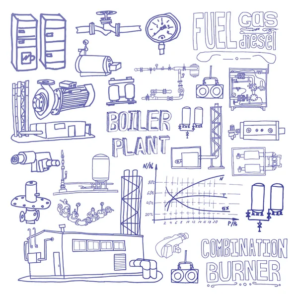 Equipo de sala de calderas, sistemas de ingeniería. Boceto. Archivo vectorial . — Archivo Imágenes Vectoriales