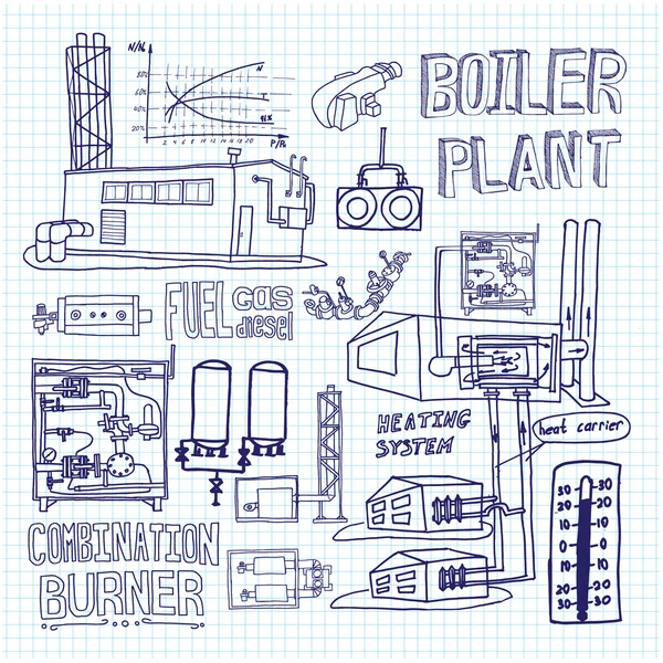 Equipo de sala de calderas, sistemas de ingeniería. Boceto. Archivo vectorial . — Archivo Imágenes Vectoriales