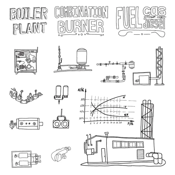 Equipo de sala de calderas, sistemas de ingeniería. Boceto. Archivo vectorial . — Archivo Imágenes Vectoriales