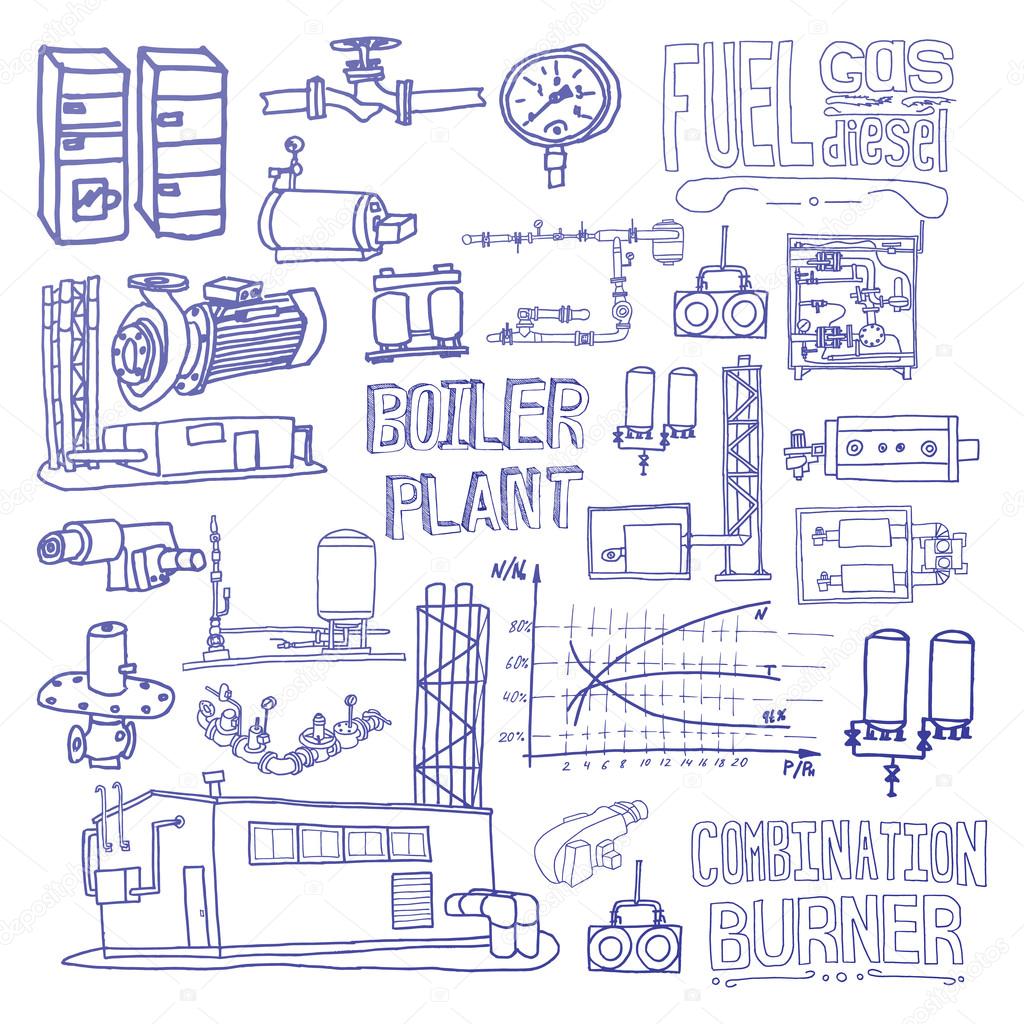 Boiler room equipment, engineering systems. Sketch. Vector file.