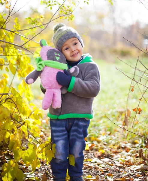 Barn leker med höstens fallna löv i parken — Stockfoto