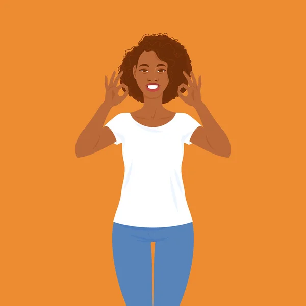 Emoções Muito Sorrindo Jovem Mulher Negra Roupas Casuais Com Cabelo — Vetor de Stock
