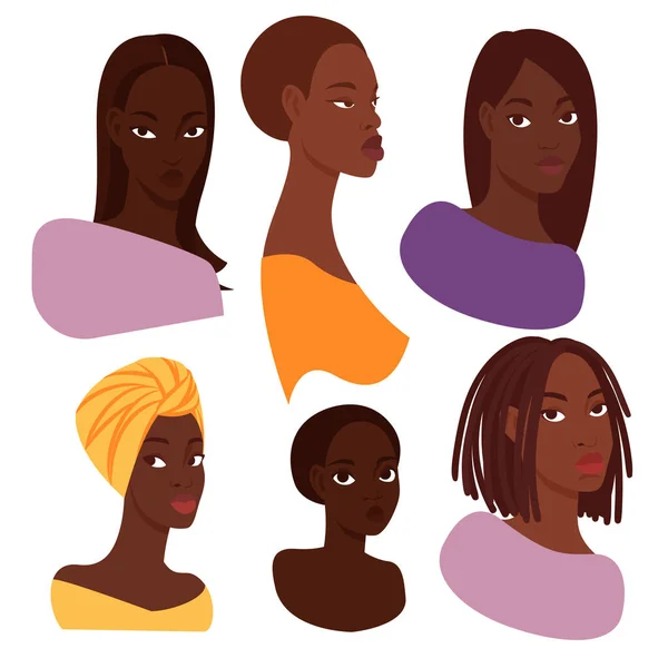 Набір Портретів Різних Красивих Темношкірих Жінок Різними Зачісками Одягом — стоковий вектор