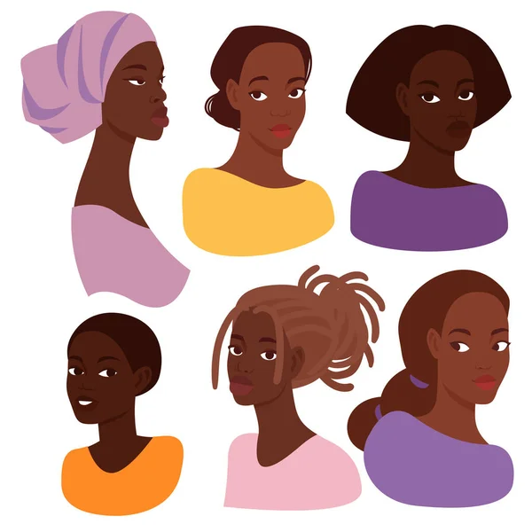 異なる髪型や服を持つ異なる美しい暗い肌の女性の6肖像画のセット — ストックベクタ