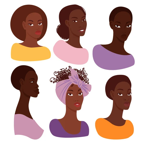 Набір Портретів Різних Красивих Темношкірих Жінок Різними Зачісками Одягом — стоковий вектор
