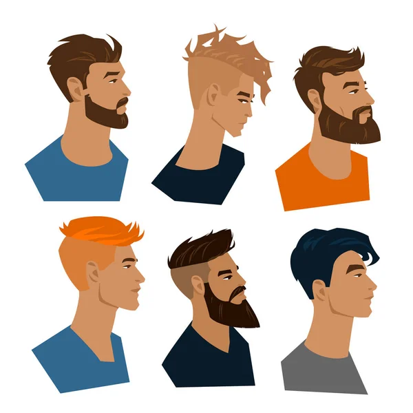 Farbporträts Junger Männer Mit Bart Und Modischem Modernen Haarschnitt — Stockvektor