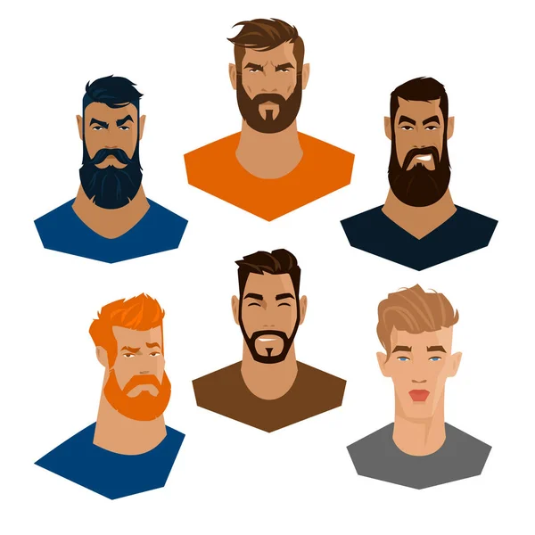 Conjunto Retratos Color Hombres Jóvenes Con Barba Corte Pelo Moderno — Archivo Imágenes Vectoriales