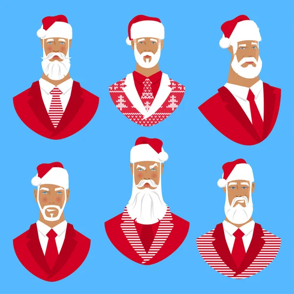 一套六幅穿着时尚圣诞商务套装的酷圣诞老人画像 — 图库矢量图片