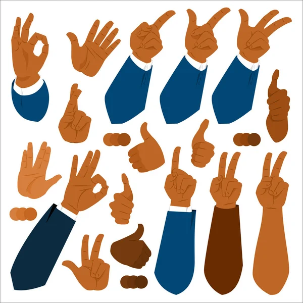Collection Realistic Vector Drawn Hands Afro American Mans Various Gestures — Stock Vector