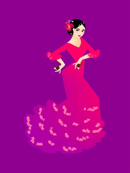 キャスタネットと踊るフラメンコダンサーの女性のイラスト — ストックベクタ