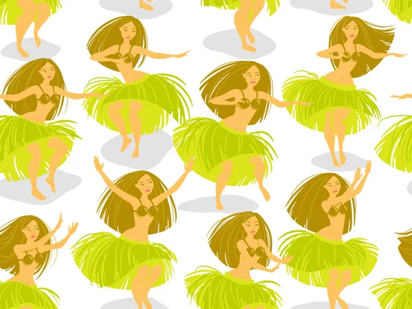 美しいハワイのフラダンス女性とシームレスなパターンで踊る草のスカート — ストックベクタ