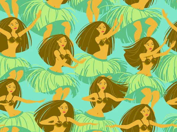 Sömlöst Mönster Med Vackra Hawaiian Hula Dansare Kvinna Dansar Gräsmatta — Stock vektor