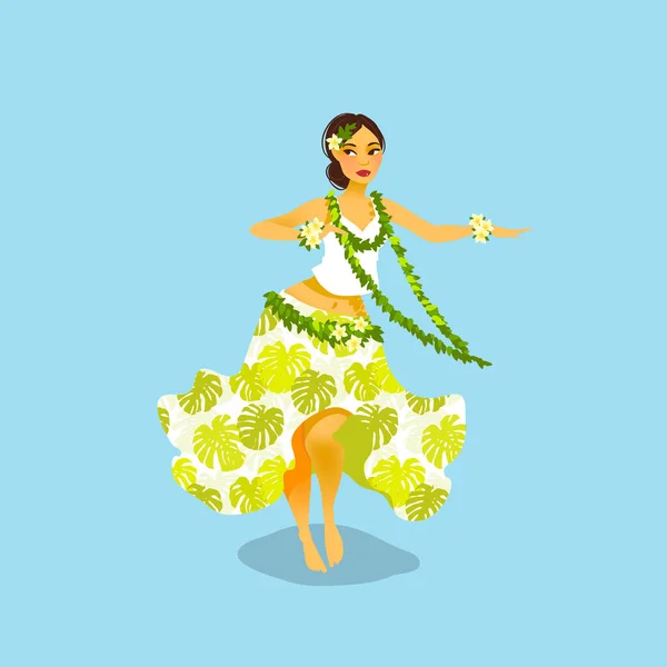 Illustration Hawaiian Hula Dancer Woman Dress Tropic Pattern — Stock Vector