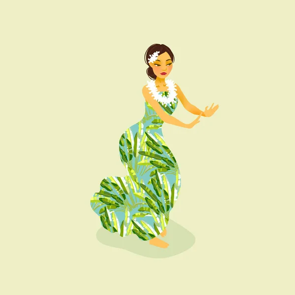 Illustration Hawaiian Hula Dancer Woman Long Dress — Stock Vector