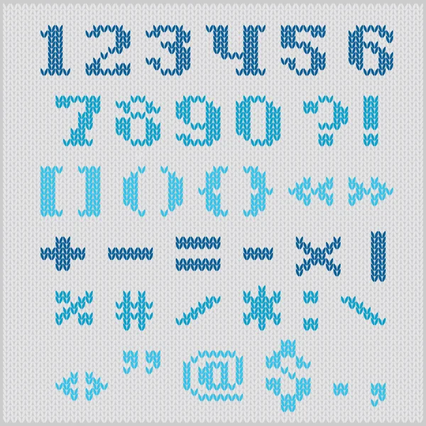 Knitted vector alphabet, blue bold serif numbers and punctuation. — Stock Photo, Image