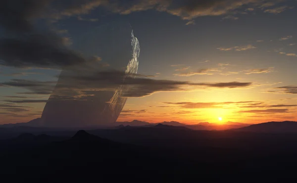 Sunset in alien planet and 20km giant weathered asteroid in the background — Stock Photo, Image