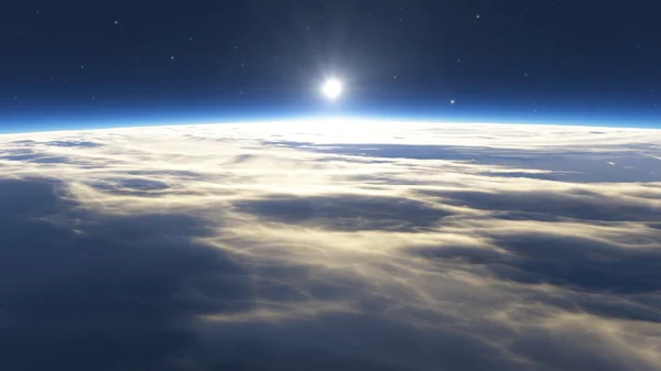 Earth sunrise with clouds, sun and stars — Stock Photo, Image